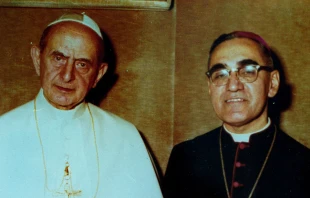 Pope Paul VI and Archbishop Oscar Romero pose together in an undated file photo. Photo courtesy of Oficina de Canonizacion de Mons. Oscar Romero.