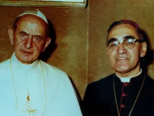 Pope Paul VI and Archbishop Oscar Romero pose together in an undated file photo. Photo courtesy of Oficina de Canonizacion de Mons. Oscar Romero.