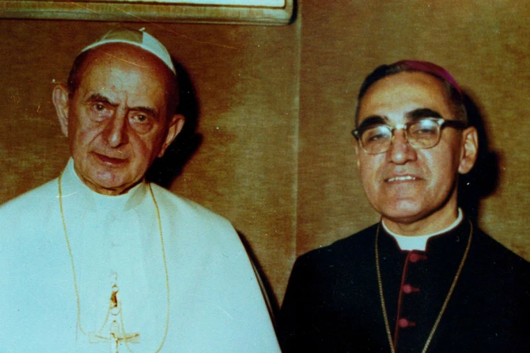 Pope Paul VI and Archbishop Oscar Romero pose together in an undated file photo. Photo courtesy of Oficina de Canonizacion de Mons. Oscar Romero.