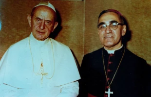 Pope Paul VI and Archbishop Oscar Romero pose together in an undated file photo. Photo courtesy of Oficina de Canonizacion de Mons. Oscar Romero.