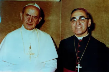 Pope Paul VI and Archbishop Oscar Romero pose together in an undated file photo Photo courtesy of Oficina de Canonizacion de Mons Oscar Romero CNA