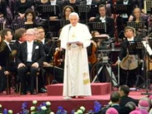 Pope Benedict XVI speaks at an Oct. 2010 concert held for his birthday