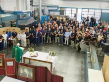 Pope Francis celebrates a private Mass with Vatican maintenance staff on July 7, 2017. 