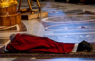 Pope Francis prostrates himself before the altar of St. Peter's Basilica at the opening of the Good Friday liturgy April 19, 2019.   Daniel Ibanez/CNA.