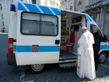 Pope Francis blesses an ambulance entrusted to the Office of Papal Charities. 