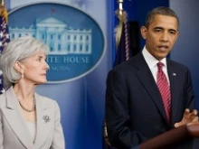President Barack Obama with HHS Sec Kathleen Sebelius announce the contraceptive mandate at the White House, Jan. 12, 2012. Official White House Photo by Pete Souza.