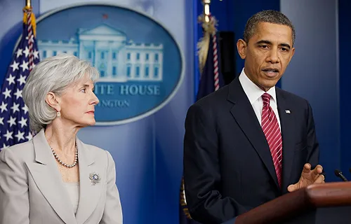 President Barack Obama with HHS Sec Kathleen Sebelius announce the contraceptive mandate at the White House, Jan. 12, 2012. Official White House Photo by Pete Souza.?w=200&h=150