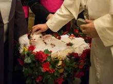 The presentation of the lambs blessed by Pope Francis on the feast of Saint Agnes, Jan. 21, 2016. 