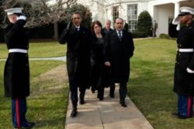 President Barack Obama accompanied by Iraqi Prime Minister Nouri al Maliki VP Biden and an interpreter Credit Pete Souza White House CNA US Catholic News 12 14 11