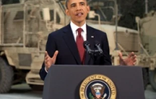 President Barack Obama addresses the nation from Bagram Air Field, Afghanistan, May 1, 2012. Official White House Photo by Pete Souza.