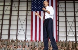 President Barack Obama delivers remarks to troops at Bagram Air Field in Afghanistan on May 1, 2012. Official White House Photo by Pete Souza.