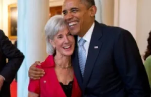President Barack Obama laughs with HHS Sec. Kathleen Sebelius in the Grand Foyer of the White House, July 26, 2012.   Official White House Photo by Pete Souza.