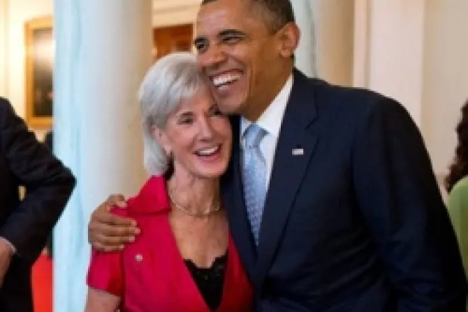 President Barack Obama laughs with HHS Sec Kathleen Sebelius in the Grand Foyer of the White House July 26 2012 Credit Official White House Photo by Pete Souza CNA US 8 13 12