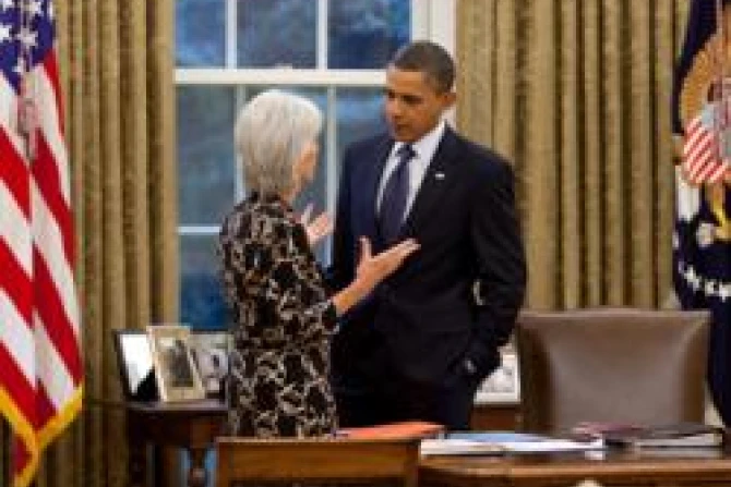 President Barack Obama talks with HHS Secretary Kathleen Sebelius in the Oval Office Nov 4 2010 Official White House Photo by Pete Souza CNA US Catholic News 1 24 12