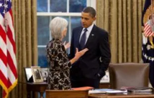 President Barack Obama talks with HHS Secretary Kathleen Sebelius in the Oval Office, Nov. 4, 2010. Official White House Photo by Pete Souza 