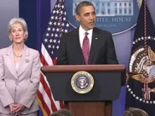 President Obama and HHS Secretary Sebelius at the Feb. 2012 press conference on Preventive Health Services and Religious Institutions. 