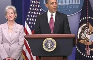 President Obama and HHS Secretary Sebelius at the Feb. 2012 press conference on Preventive Health Services and Religious Institutions.   C-SPAN.