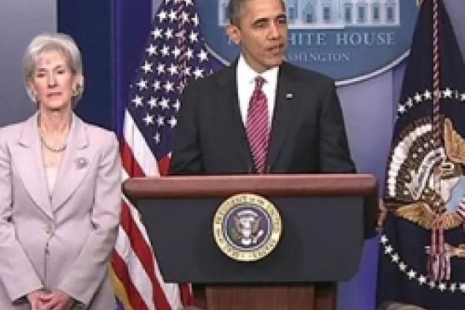 President Obama and HHS Secretary Sebelius at the press conference on Preventive Health Services and Religious Institutions  Credit C SPAN CNA US Catholic News 2 10 12