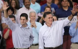 Mitt Romney and Paul Ryan (L) greet supporters during a campaign event at the Waukesha Expo Center on August 12, 2012 in Waukesha, Wis. ?w=200&h=150