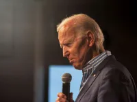 Presidential candidate and former Vice President Joe Biden makes a speech at a campaign stop at the River Center in Des Moines, Iowa. 