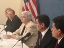 Religious freedom press conference, July 2. From L to R: Prof. Anne Hendershott, Archb. William E. Lori, Sr. Mary Ann Walsh of the USCCB, Dr. Russell Moore, and Dr. Yui Mantilla.