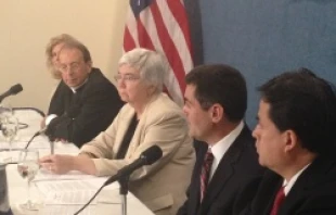 Religious freedom press conference, July 2. From L to R: Prof. Anne Hendershott, Archb. William E. Lori, Sr. Mary Ann Walsh of the USCCB, Dr. Russell Moore, and Dr. Yui Mantilla.