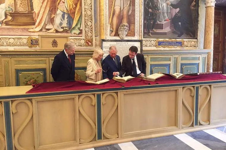 The Prince of Wales and Duchess of Cornwall in the Vatican Library April 4, 2017. Photo courtesy of Clarence House.