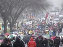 Pro-life supporters march in the rain during the 2012 March for life on January 23, 2012.