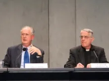Professor Giuseppe Dalla Torre and Father Federico Lombardi (L to R) present the changes made by Pope Francis July 11, 2013 to the Vatican's criminal code. 