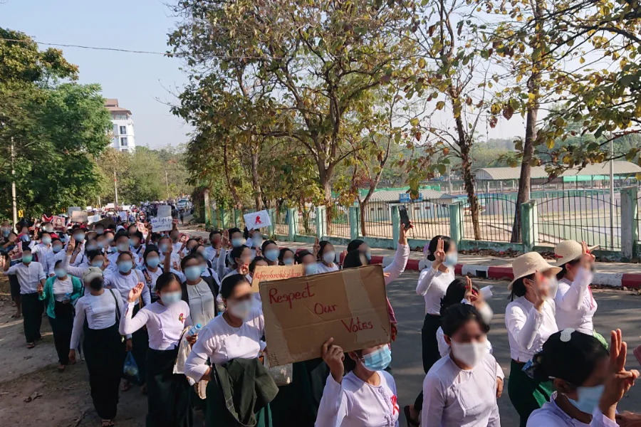 Teachers protest in Hpa-An, the capital of Karen State, Burma, on Feb. 9, 2021. Credit: Ninjastrikers (CC BY-SA 4.0).?w=200&h=150