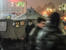 A tent-chapel is seen in Kyiv's Maidan Square in Feb., 2014, where protests led to a change of government in Ukraine, as well as recent conflict with rebels. 