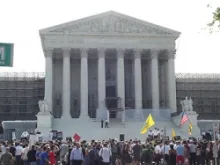 Health care law protesters, supporters gather outside the U.S. Supreme Court on June 28, 2012. 
