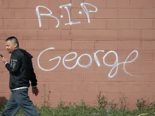 RIP George has been painted on a wall after a night of protests and violence on May 29, 2020 in Minneapolis, Minnesota. 