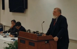 (R-L) Peter Schindler, Peter Casarella, and Patrick Deneen.   Addie Mena/CNA.