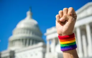 Hand wearing gay pride rainbow wristband making a power fist gesture in front of the US Capitol Building in Washington, DC. Via Shutterstock null
