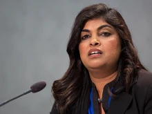 Rani Hong speaks at a press conference on assisting victims of human trafficking at the Holy See press office, Nov. 6, 2017. 