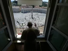 Pope Francis delivers his Regina Coeli address overlooking St. Peter’s Square May 31, 2020. 