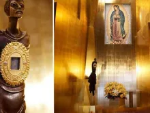 Relic of the tilma of the Virgin of Guadalupe in the cathedral chapel in Los Angeles. 