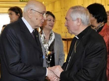 Republic of Italy President Giorgio Napolitano greets Archbishop Silvano Tomasi at the 16th Session of the Council of Human Rights. 
