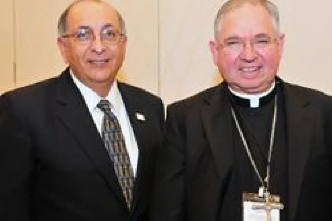 Robert Aguirre and Archbishop Jose H Gomez at the CALL sumitt in Denver CO Credit Baca DCR CNA US Catholic News 8 15 11