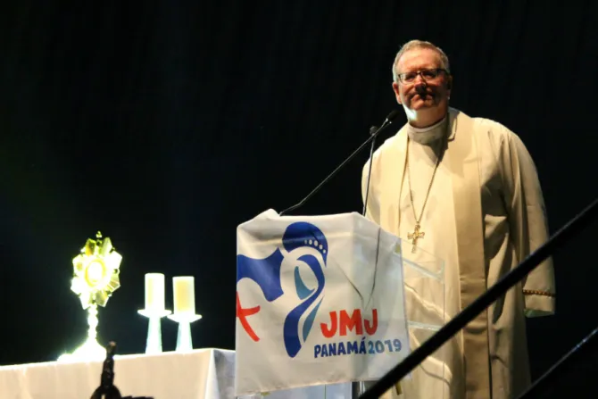 Robert Barron Auxilary Bishop of Los Angeles addressesan English speaking event for young people attending WYD in Panama City Jan 23 2019 Credit Jonah McKeown CNA CNA