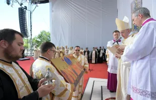 Pope Francis beatifies seven martyrs at Divine Liturgy in Blaj, Romania June 2, 2019.   Vatican Media.