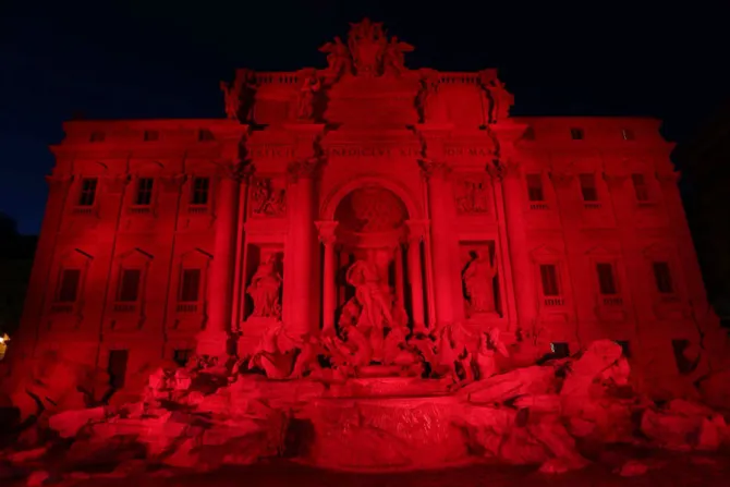 Romes Trevi Fountain illuminated red for persecuted Christians Credit Daniel Ibanez  CNA