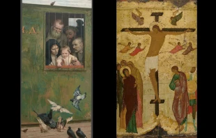 (L) Nikolay Yaroshenko. Life is Everywhere. 1888. (R) Dionysius. The Crucifixion. 1500. Copyright: Pilgrimage of Russian Art. From Dionysius to Malevich.