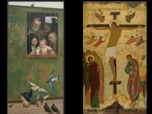 (L) Nikolay Yaroshenko. Life is Everywhere. 1888. (R) Dionysius. The Crucifixion. 1500. Copyright: Pilgrimage of Russian Art. From Dionysius to Malevich.