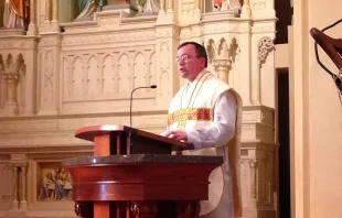 Fr. Uwe Michael Lang, C.O., a board member of the Society for Catholic Liturgy, preaches during an extraordinary form Mass said during the conference on Oct. 3.   Jennifer Donelson. 