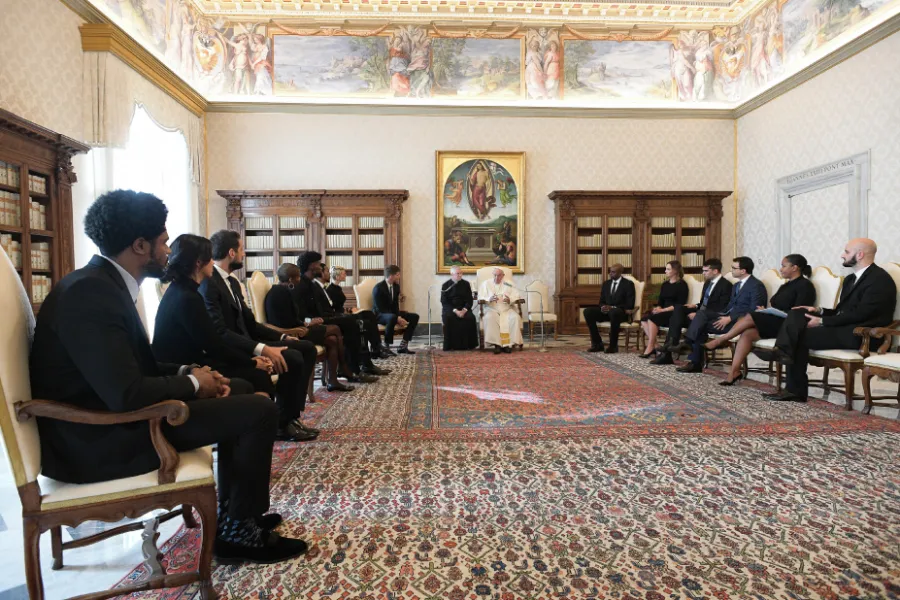 Pope Francis meets a delegation from the National Basketball Players Association at the Vatican Nov. 23, 2020. Photo ?w=200&h=150