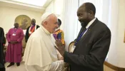 Pope Francis greets South Sudanese president Salva Kiir at the Vatican, April 11, 2019.