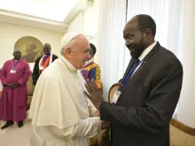 Pope Francis greets South Sudanese president Salva Kiir at the Vatican, April 11, 2019.