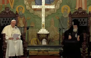 Pope Francis meets with Ilia II, the Georgian Orthodox Catholicos and Patriarch of All Georgia, in Tbilisi, Sept. 30, 2016.   CTV.